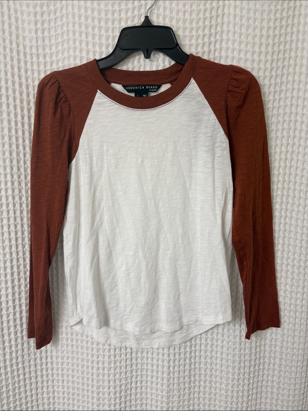 Veronica Beard Jeans Mason Baseball Tee Puff Sleeve T-Shirt Top Rust White Small - Picture 5 of 9